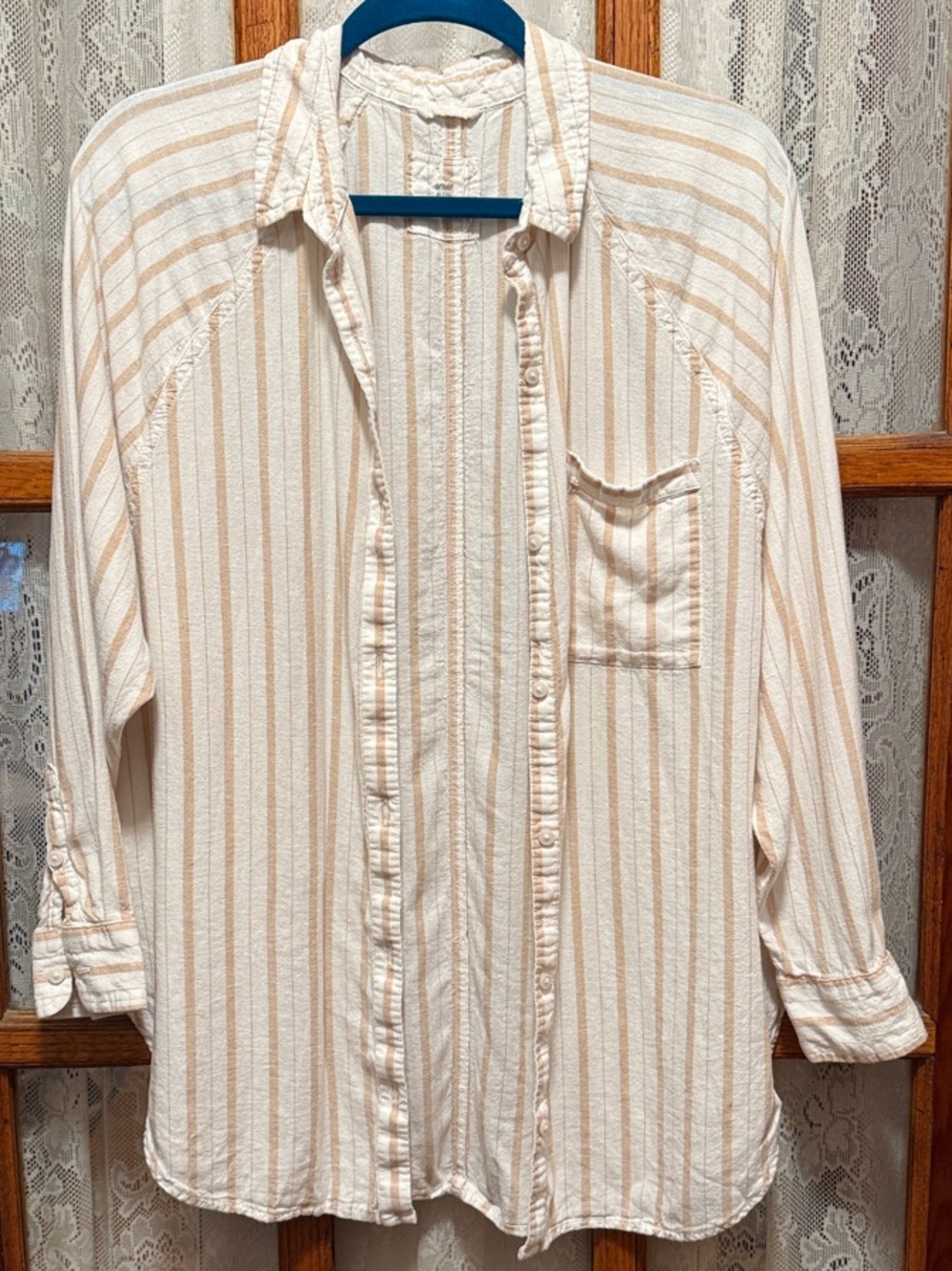 aerie Cream and Tan Striped Oversized Button-Down Shirt